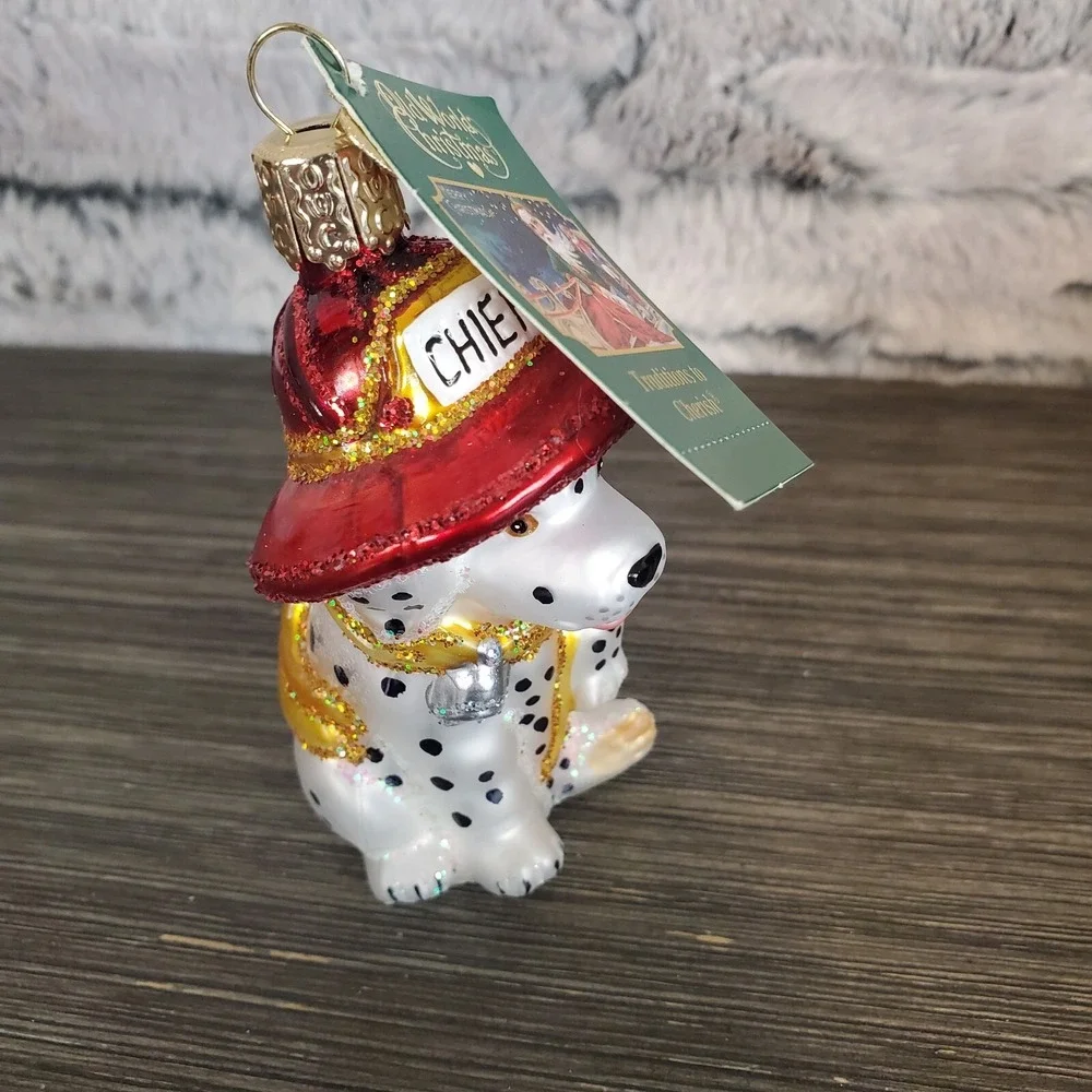 Old World Christmas Dalmatian Firefighter‎ Chief Dog Glass Ornament 12208 NOS